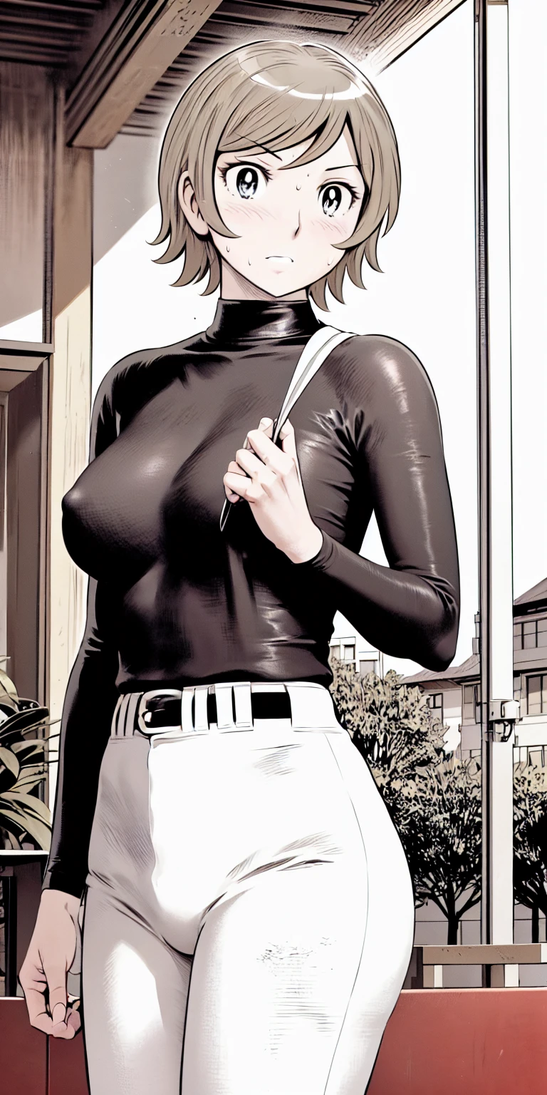 (野球uniform:1.2),
blonde, (short hair:1.2),Long sleeve, Black Shirt, turtleneck,White trousers、uniform、Black belt、((Illustration of a person))、big 、Muddy、Soil stains、ドロドロのuniform、
View your audience,, (Highest quality:1.3),One Girl, White pants、uniform、Outdoor、baseball ground、ground、soil、blue eyes、Tight black shirt、(masterpiece、Highest quality)、Highest quality, Ultra-high resolution, (((masterpiece))), alone, Sweat、big eyes、big Breasts、Torn clothes、 Fully exposed、Nipples、One Girl, Front view、Embarrassed face、Bronze colored hair、((short hair))、Stand up straight、Cowboy Shot