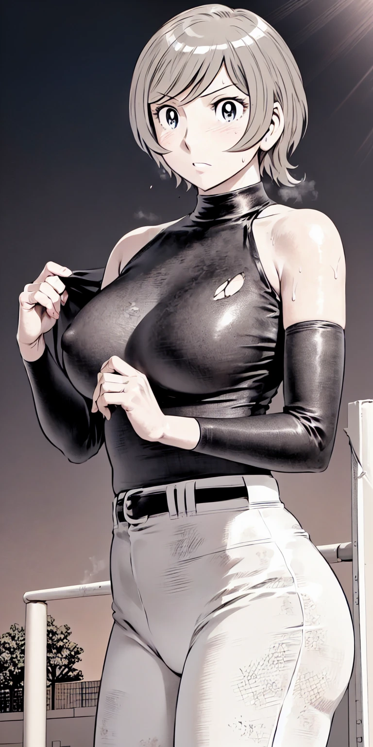(野球uniform:1.2),
blonde, (short hair:1.2),Long sleeve, Black Shirt, turtleneck,White trousers、uniform、Black belt、((Illustration of a person))、big 、Muddy、Soil stains、ドロドロのuniform、
View your audience,, (Highest quality:1.3),One Girl, White pants、uniform、Outdoor、baseball ground、ground、soil、blue eyes、Tight black shirt、(masterpiece、Highest quality)、Highest quality, Ultra-high resolution, (((masterpiece))), alone, Sweat、big eyes、big Breasts、Torn clothes、 Fully exposed、Nipples、One Girl, Front view、Embarrassed face、Bronze colored hair、((short hair))、Stand up straight、Cowboy Shot