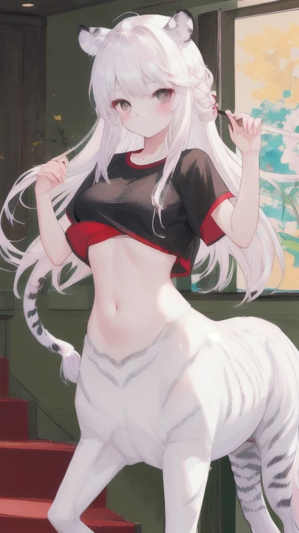 (best quality, masterpiece), 1 girl, centaur, It takes, White skin, Korean  , exposing the abdomen,belly button t-shirt, 아름다운 소녀 perfect white tiger photo, perfect white tiger photo