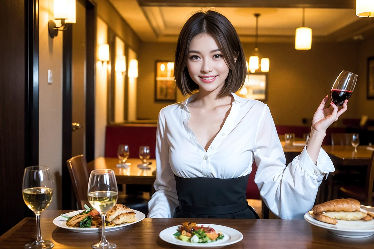 ((Highest quality、8K、masterpiece:1.3))、cute、slimカップル、modelカップル、actress男優、(Realistic, Intricate details:1.2), full-course dinner、Wine Party、Amazing view of the sunset sky and clouds、A bright smile、short hair,Bright Face、 (Age 45), 42 years old, red wine 、Appetizers、Italian food、Wine bottle、Champagne、sparkling wine、Two beauties、Brown Hair、Shortcuts、Long sleeve shirt、dress、Beautiful woman 1, (slimな顔), (The body is slim), (Brown Hair), (Shortcuts), cheeks turn a little red,Attractive beauty、restaurant, In a prominent place (From the waist up) Nova Frog Style, actress, model, Upper Body, White wine, slim, wine glass, 中央に置かれたwine glass, smile, (smile: 1.15), Beautiful fine grain, Depth f/2,saturation, High Contrast, Strong light and shadow,Moist Body:1.5、3D texture、Delicate eyes、Brown Hair、The hair is very shiny、