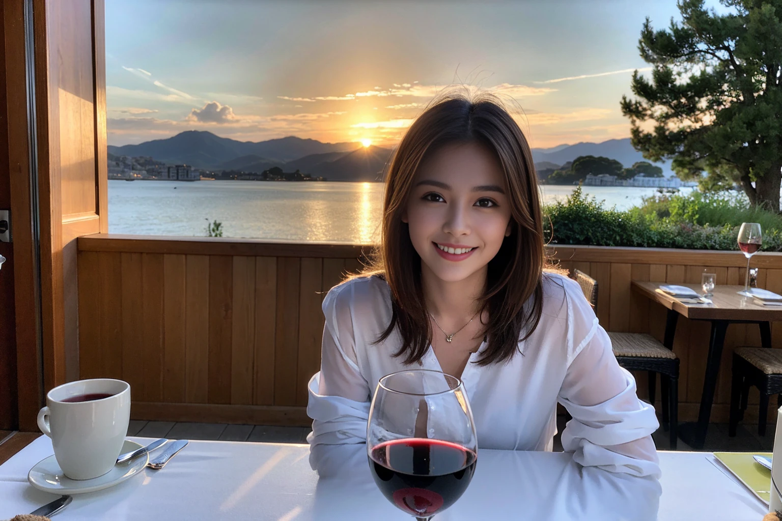 ((Highest quality、8K、masterpiece:1.3))、cute、slimカップル、modelカップル、actress男優、(Realistic, Intricate details:1.2), full-course dinner、Wine Party、Amazing view of the sunset sky and clouds、A bright smile、short hair,Bright Face、 (Age 45), 42 years old, red wine 、Appetizers、Italian food、Wine bottle、Champagne、sparkling wine、Two beauties、Brown Hair、Shortcuts、Long sleeve shirt、dress、Beautiful woman 1, (slimな顔), (The body is slim), (Brown Hair), (Shortcuts), cheeks turn a little red,Attractive beauty、restaurant, In a prominent place (From the waist up) Nova Frog Style, actress, model, Upper Body, White wine, slim, wine glass, 中央に置かれたwine glass, smile, (smile: 1.15), Beautiful fine grain, Depth f/2,saturation, High Contrast, Strong light and shadow,Moist Body:1.5、3D texture、Delicate eyes、Brown Hair、The hair is very shiny、