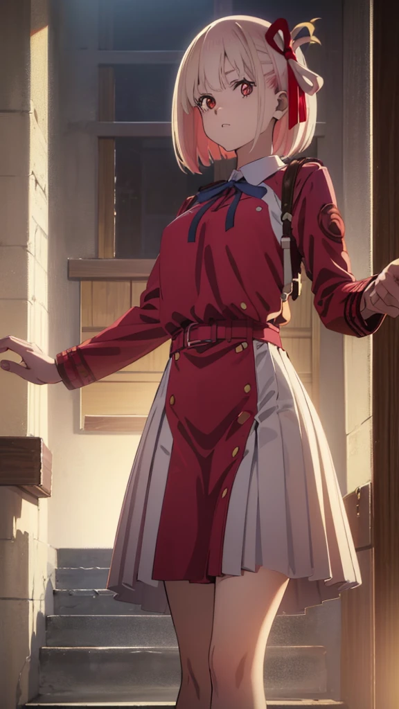 chisatonishikigi, nishikigi chisato, short hair, bangs, blonde hair, (red eyes:1.5), hair ribbon, one side up, bob cut, BREAK shirt, long sleeves, dress, ribbon, white shirt, collared shirt, belt, neck ribbon, red dress, blue ribbon, pleated dress, grey dress, two-tone dress, red belt, lycoris uniform,, BREAK outdoors, city, BREAK looking at viewer, BREAK (masterpiece:1.2), best quality, high resolution, unity 8k wallpaper, (illustration:0.8), (beautiful detailed eyes:1.6), extremely detailed face, perfect lighting, extremely detailed CG, (perfect hands, perfect anatomy),