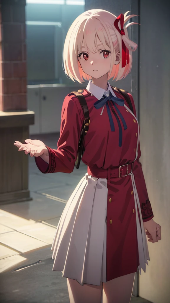 chisatonishikigi, nishikigi chisato, short hair, bangs, blonde hair, (red eyes:1.5), hair ribbon, one side up, bob cut, BREAK shirt, long sleeves, dress, ribbon, white shirt, collared shirt, belt, neck ribbon, red dress, blue ribbon, pleated dress, grey dress, two-tone dress, red belt, lycoris uniform,, BREAK outdoors, city, BREAK looking at viewer, BREAK (masterpiece:1.2), best quality, high resolution, unity 8k wallpaper, (illustration:0.8), (beautiful detailed eyes:1.6), extremely detailed face, perfect lighting, extremely detailed CG, (perfect hands, perfect anatomy),