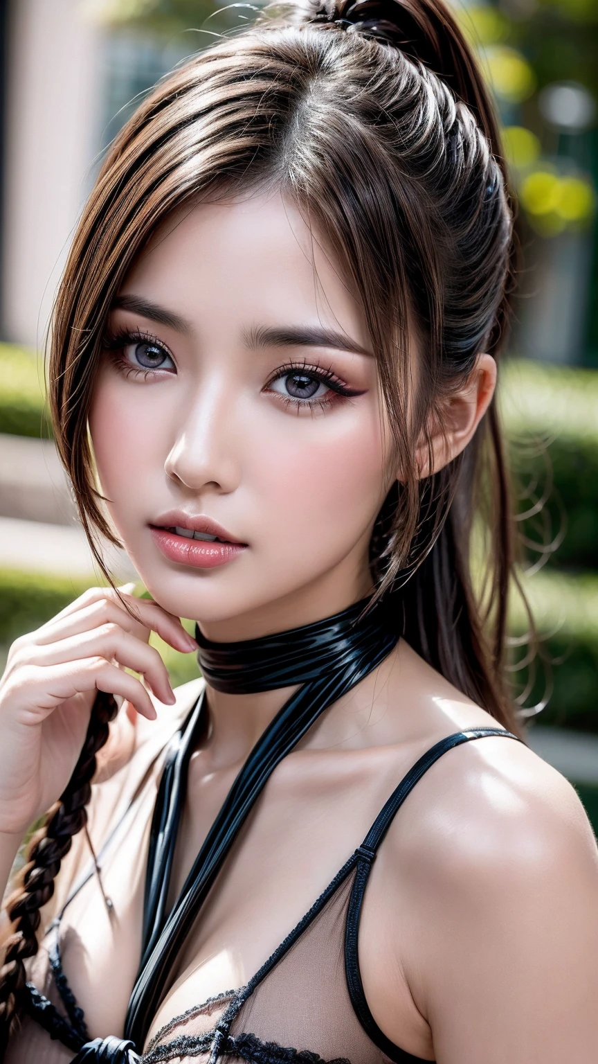 photorealism 16K realism ultra resolution quality, (Ultra-realistic proportional body, anatomically correct), (the most absurd quality perfect eyes), (intricately detailed beautiful face), (light pale complexion). BREAK, (ultra perfect eyes with absurd quality, extremely detail, ultra resolution, clear sharp focus, not blurry. Realistic brown_eyes:1.35), (finely quality, perfect round eyes), (finely detailed pupils), pink_makeup:1.3, red_lipstick:1.25, eyeliner, (perfect dark_eyeshadows:1.35), beautiful cheekbones, dramatic lighting, ((perfect composition)), pale skin, (dry skin), sexy stylish Korean model, only 1 female, (sexy doll-like appearance), ((hair combed smoothly:1.4)intricately detailed:1.4), ((tied in a high ponytail:1.45)), ((sexy Lolita cosplay:1.25)), unconventional skirt, petticoats, ((detailed embroidery)), (transparent PVC in the shade of ORANGE), ((Shiny ORANGE Transparent Holographic Full Bodysuit: 1.2)), cinematic light, detailed background of a large park with trees, dynamic pose、(shot to the knees), ((no decorations in the hair)), (dark shot:1.1), (firm normal full breasts),