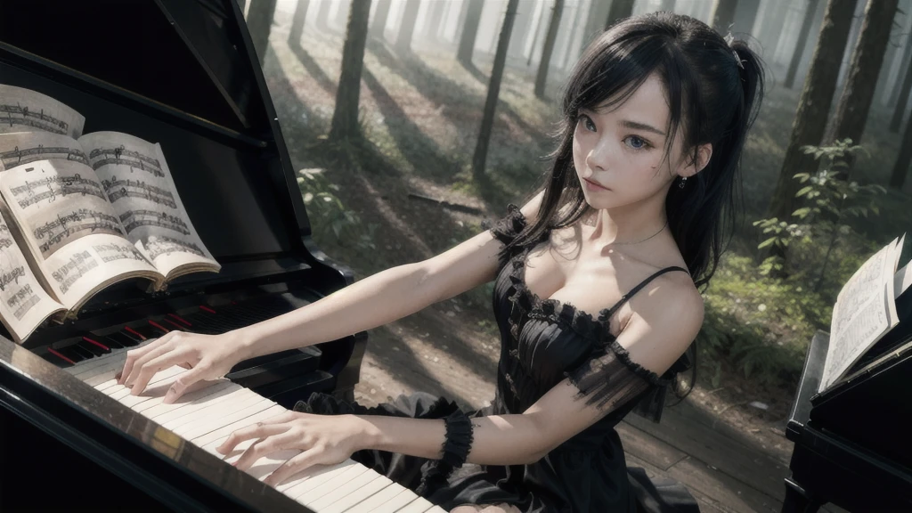 High resolution, (masterpiece:1.4), Very detailed, One girl, View from above, space, floating, (((Playing the piano)))、(((Black torn dress)))、Serious expression、in the forest、In the fog、Black Hair