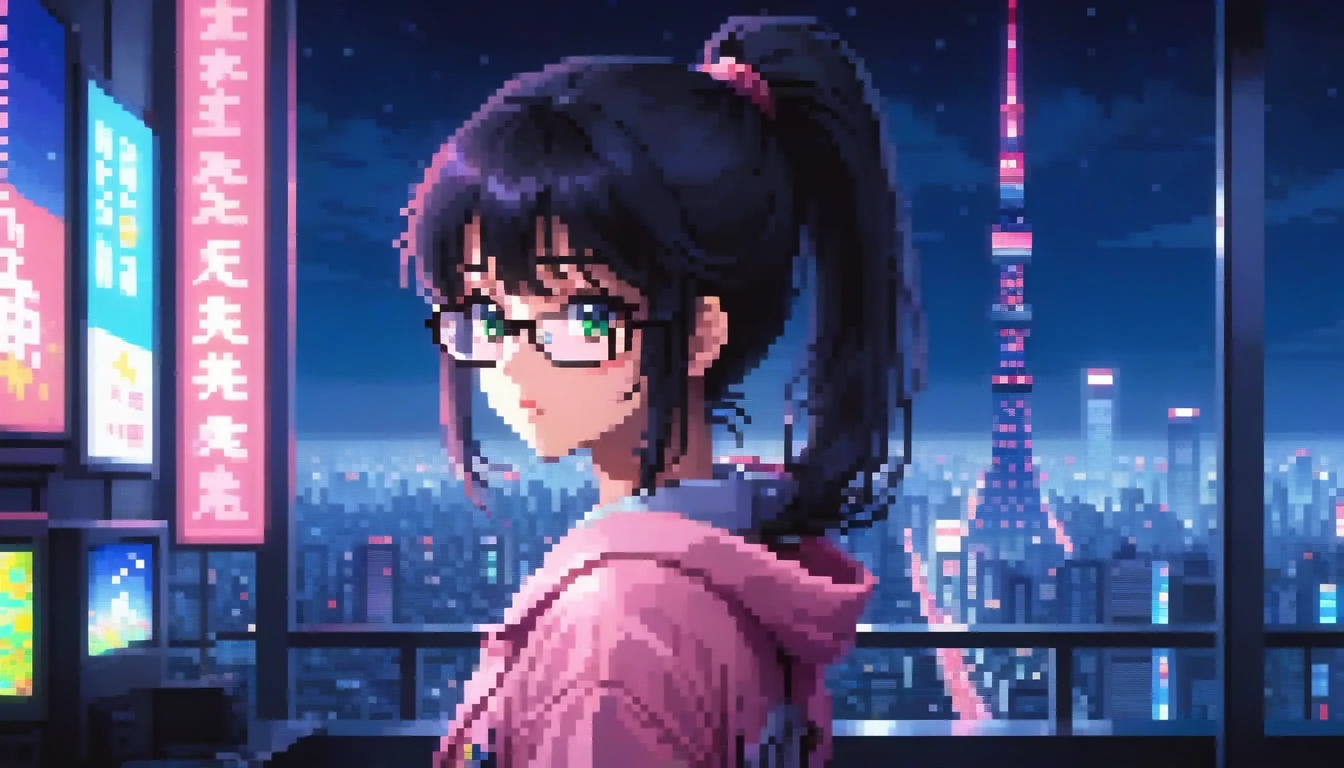 ((best quality)), ((masterpiece)), (detailed), 1girl, sexyhighest quality, masterpiece, Very detailed, Detailed Background, anime, One girl, Young girl, Sexy Girls, Black hair ponytail girl,　 Atmospheric lighting, Focus Only, close　 Depth of written boundary, Bokeh　1990年代anime　１９８０年代anime　１９８０Period Fashion　 　City Pop 　　Big glasses　 Beautiful eyes　B90,W60，H90 White Skin　Pink lighting　Light pink clothes pixel, 16-bit Style, Pixel art, Nintendo game scene, Cool colors, green,Tokyo at night in the background, Skyscraper, Skyline, Modern, Colorful lights, Tokyo Night, dark, A girl in the foreground, whole body,greenい瞳　I&#39;m wearing headphones　Cleavage　No text needed