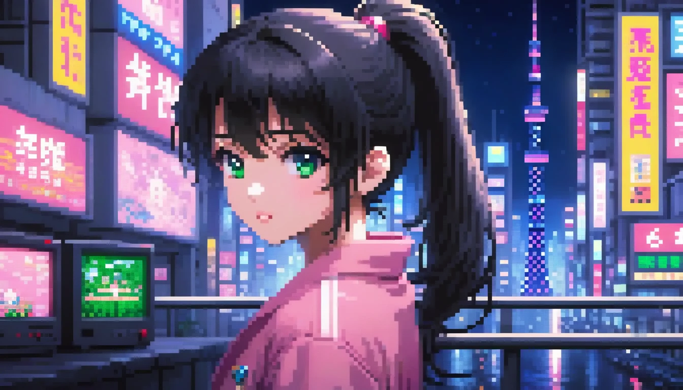 ((best quality)), ((masterpiece)), (detailed), 1girl, sexyhighest quality, masterpiece, Very detailed, Detailed Background, anime, One girl, Young girl, Sexy Girls, Black hair ponytail girl,　 Atmospheric lighting, Focus Only, close　 Depth of written boundary, Bokeh　1990年代anime　１９８０年代anime　１９８０Period Fashion　 　City Pop 　　Big glasses　 Beautiful eyes　B90,W60，H90 White Skin　Pink lighting　Light pink clothes pixel, 16-bit Style, Pixel art, Nintendo game scene, Cool colors, green,Tokyo at night in the background, Skyscraper, Skyline, Modern, Colorful lights, Tokyo Night, dark, A girl in the foreground, whole body,greenい瞳　I&#39;m wearing headphones　Cleavage　No text needed