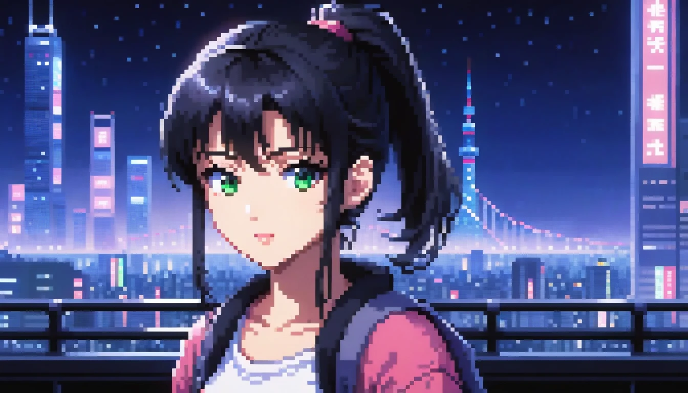 ((best quality)), ((masterpiece)), (detailed), 1girl, sexyhighest quality, masterpiece, Very detailed, Detailed Background, anime, One girl, Young girl, Sexy Girls, Black hair ponytail girl,　 Atmospheric lighting, Focus Only, close　 Depth of written boundary, Bokeh　1990年代anime　１９８０年代anime　１９８０Period Fashion　 　City Pop 　　Big glasses　 Beautiful eyes　B90,W60，H90 White Skin　Pink lighting　Light pink clothes pixel, 16-bit Style, Pixel art, Nintendo game scene, Cool colors, green,Tokyo at night in the background, Skyscraper, Skyline, Modern, Colorful lights, Tokyo Night, dark, A girl in the foreground, whole body,greenい瞳　I&#39;m wearing headphones　Cleavage　No text needed