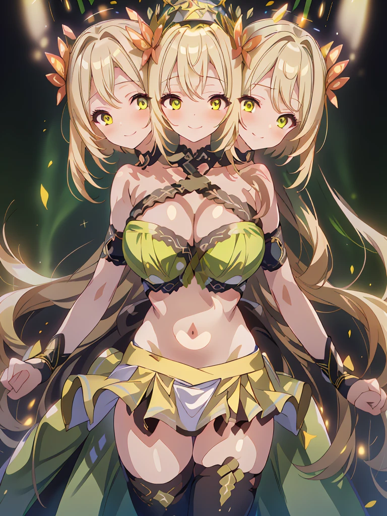 (masterpiece, best quality), ultra quality, best resolution, (3heads:1.5), 1girl, golden yellow hair, long flowing hair, smiling, seductive smile, open belly, light green-black crop top, light green-white miniskirt, open breasts, big tits, very huge tits, black headband, gold eyes, detailed eyes, beautiful eyes, alluring presence,