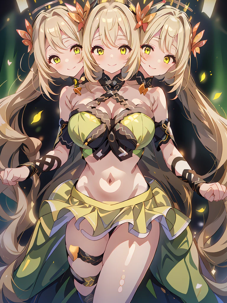 (masterpiece, best quality), ultra quality, best resolution, (3heads:1.5), 1girl, golden yellow hair, long flowing hair, smiling, seductive smile, open belly, light green-black crop top, light green-white miniskirt, open breasts, big tits, very huge tits, black headband, gold eyes, detailed eyes, beautiful eyes, alluring presence,
