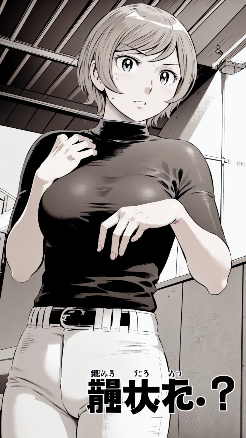 (野球uniform:1.2),
blonde, (short hair:1.2),Long sleeve, Black Shirt, turtleneck,White trousers、uniform、Black belt、((Illustration of a person))、big 、Muddy、Soil stains、ドロドロのuniform、
View your audience,, (Highest quality:1.3),One Girl, White pants、uniform、Outdoor、baseball ground、ground、soil、blue eyes、Tight black shirt、(masterpiece、Highest quality)、Highest quality, Ultra-high resolution, (((masterpiece))), alone, Sweat、big eyes、big Breasts、Torn clothes、 Fully exposed、Nipples、One Girl, Front view、Embarrassed face、Bronze colored hair、((short hair))、Stand up straight、Cowboy Shot
