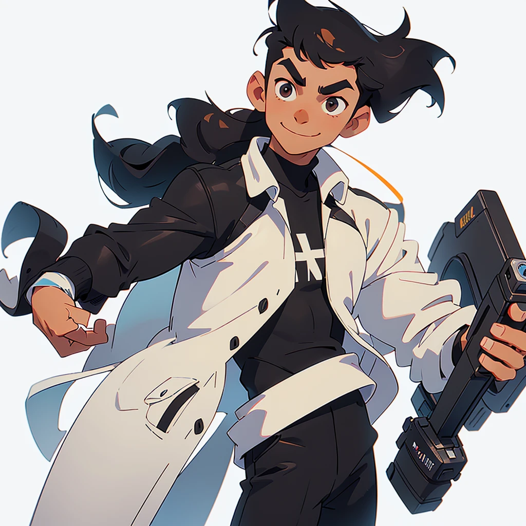 A young man with Thin round hair, thick, thinly cut eyebrows, tan skin color, handsome, charming, wearing a tight black t-shirt, wearing a white furry jacket, Slightly smiling expression, waving, half body, plain white background, holding a Canon camera, HD, high quality