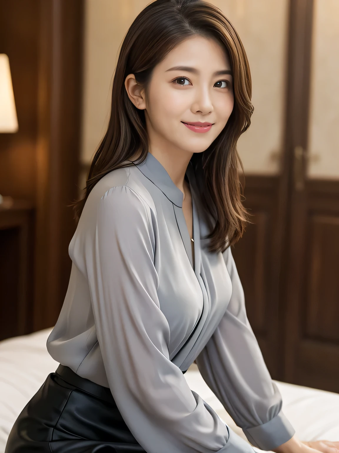 (Raw Photo), (Photorealsitic), (Masterpiece), (Best Quality), High Resolution, 8K, (Intricate Details), (Voluminous Light), Portrait, Female, (50 Years Old), Medium Hair, Straight Hair , layered hair, brown hair, very fine eyes, source order, very fine eyebrows, very fine skin, very fine mouth, very fine nose, cute like an idol, happy smile, (thick lips), (looking at the viewer), (elegant gray blouse and black skirt), waist shot, Random body orientation,