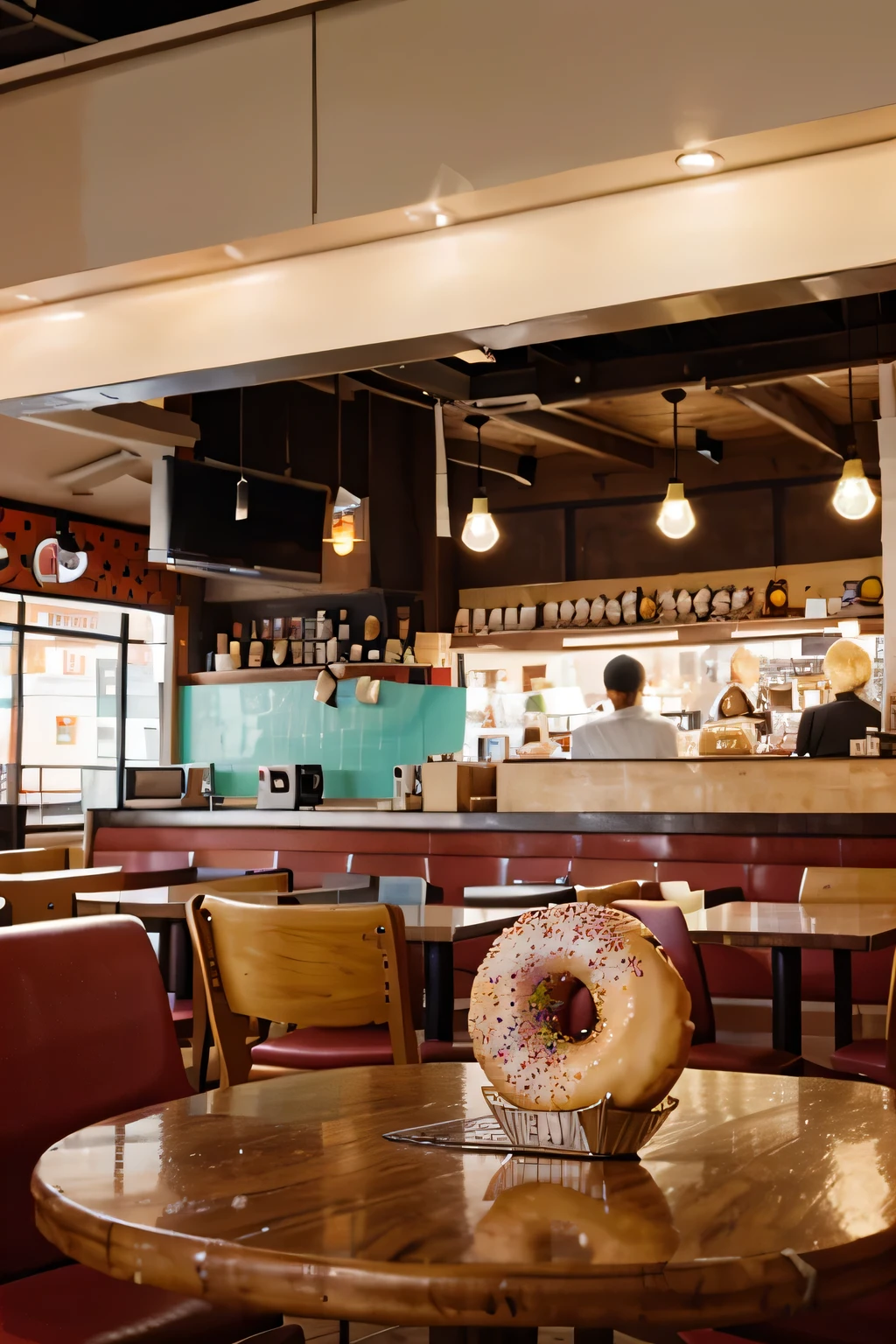 tables of a donut restaurant from your sitting perspective