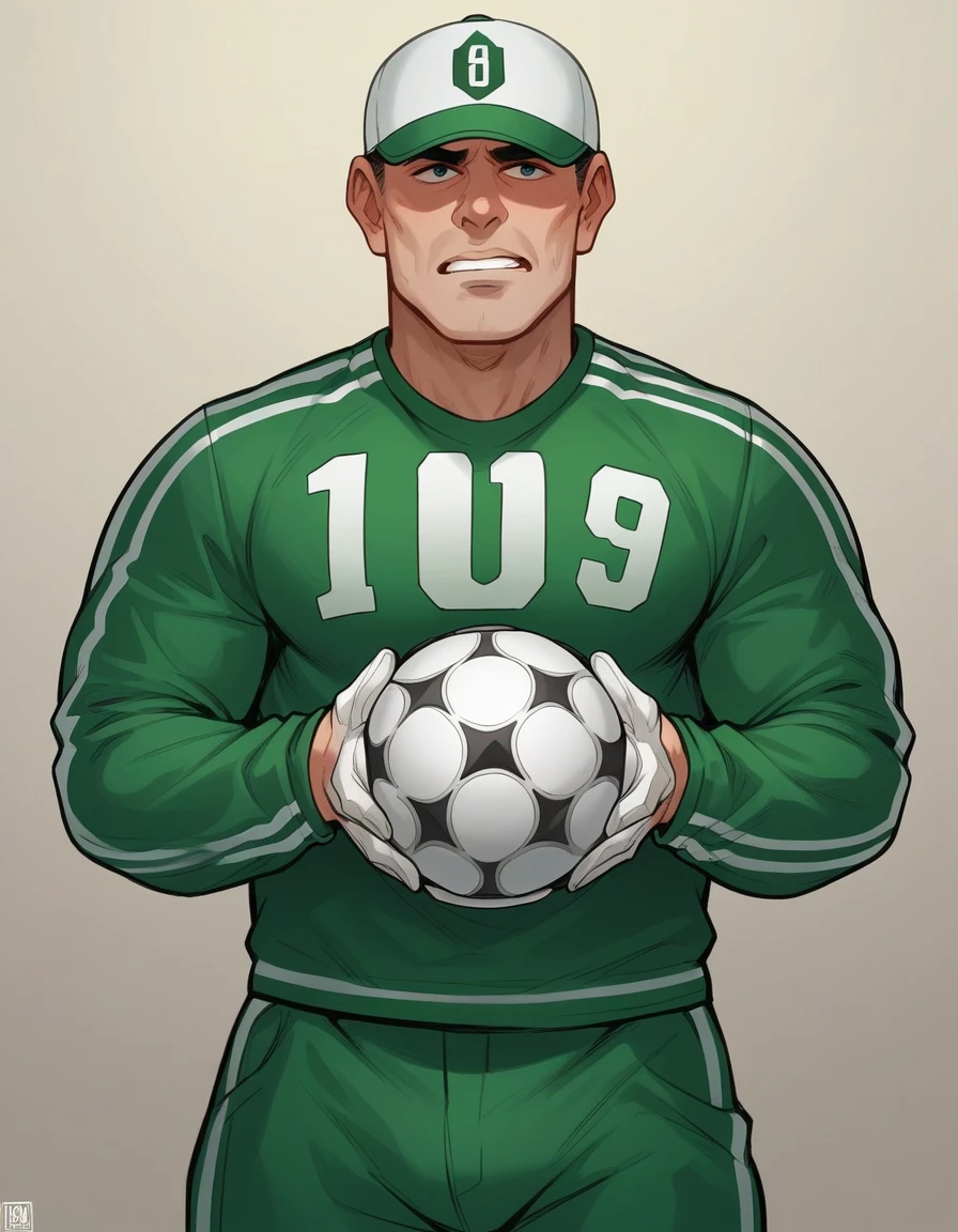 Caricature of a football player with a big head and a , wearing a green football uniform with the number 17 on the front and the football federation logo on the left chest. The player stands in a slightly crouched position with his hands clasped at his sides. There was a soccer ball in front of his left foot. In the image at the bottom there is text that says "Muhammad Al-Fatih" with a watermark from the Instagram account "3D Bangroma".