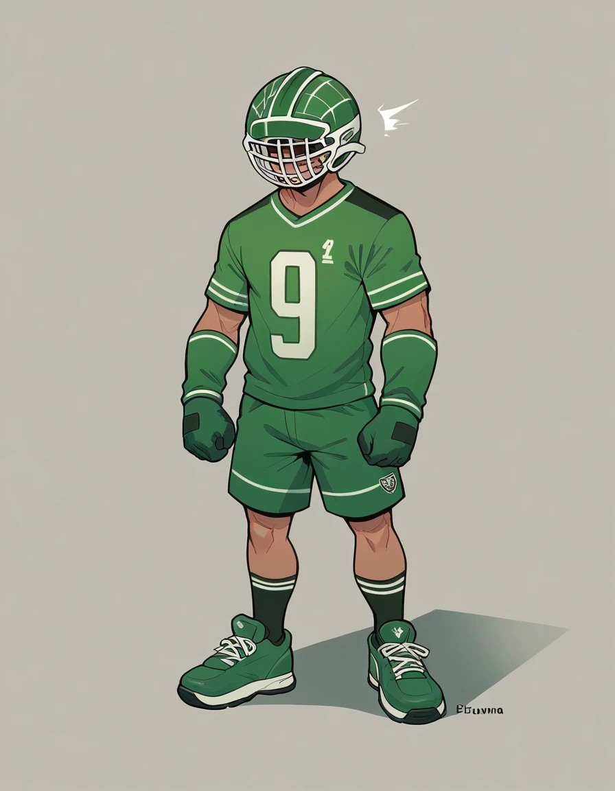 Caricature of a football player with a big head and a , wearing a green football uniform with the number 17 on the front and the football federation logo on the left chest. The player stands in a slightly crouched position with his hands clasped at his sides. There was a soccer ball in front of his left foot. In the image at the bottom there is text that says "Muhammad Al-Fatih" with a watermark from the Instagram account "3D Bangroma".