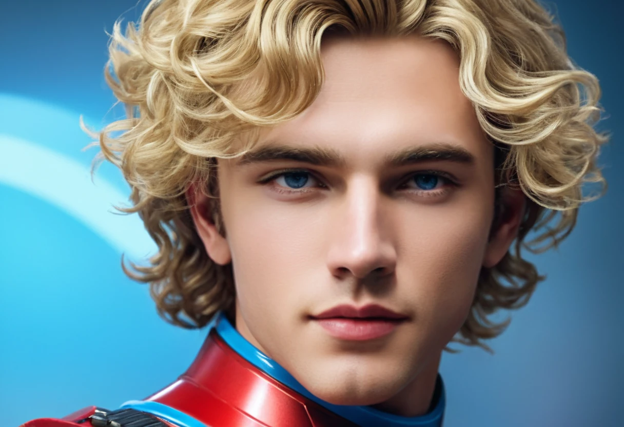 a dynamic photorealistic full-body ((character sheet)) of a 22years old RYAN DALISH, ((front view, side view, back biew)), of north-american origin, fit appearance, well built, blonde curly hairs, chiseled chin, greek demi-god appearance, appearance like the roman and greek statues, in a red and blue futuristic spacesuit, perfect anatomies, detailed faces, detailed skins, detailed eyes and mouths, well aligned teeth, high quality, 4k resolution, photographic, hyperrealistic,