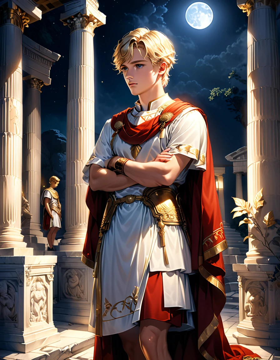 Handsome young blond man, around 20 years old, Roman soldier, liturgical uniform, ancient Greek temple, He was standing, leaning against a pillar, thinking deeply, arms folded, weight on one leg, the other slightly bent, late night inside the temple (dark: 1.3) (unlit: 1.2), moonlight shining in at an angle and illuminating him clearly.
Highly detailed, photorealistic, realistic lighting, intricate architecture, ornate decor, cool color palette, gold accents, soft fabric textures, seductive facial