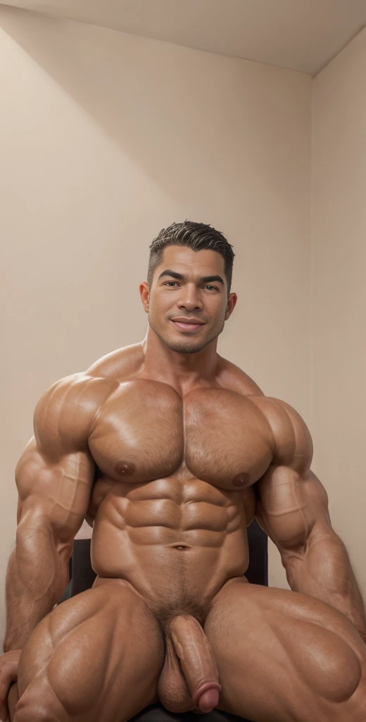 (masterpiece, intricately detailed, highest resolution, best quality:1.2),a cocky Sean Xavier, a 34 y.o muscle stud with a muscular physique sitting on a chair with black eyes,fair-skinned male, completely naked, flaccid penis, intimidating, little smirking, saggy balls,hairy chest,vascular,muscle striations,soft light,fantastic realism,