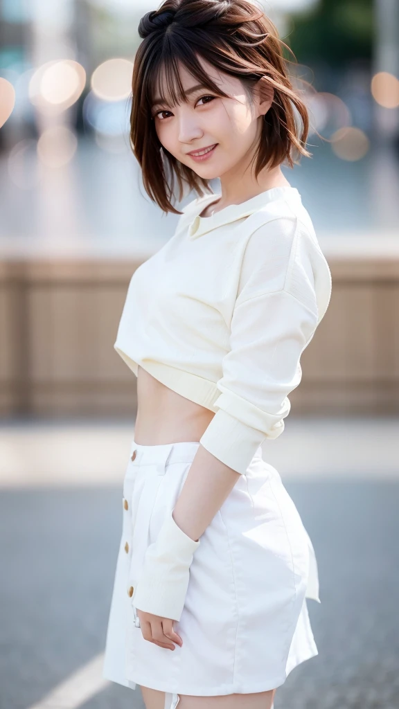 (Skin wounds:1.2), (Skin Dentition), black eye, 1woman, Age 25, (((woman))), alone, Realistic, Highest quality, photoRealistic, masterpiece, 8K, High resolution, alone, Highly detailed face, (Professional Lighting, Bokeh), (Particles of light, Lens flare, Glowing particles:0.6), (Dynamic pose:1.2), Soft lighting, View from above, Fashionable and trendy atmosphere, Japan, street, city, Tokyo, port, ((Daytime)), null, ((Looking at the audience:1)), (Looking into the camera),(Portraiture:0.6), Cowboy Shot, nice, Are standing, Maintain the original face proportions, Broad shoulders, whole body, (Small breasts), (short hair), Brown Hair, Floating Hair, lips, lipstick, seductive smile, Floating Hair, smile, Open_mouth, teeth, (White blouse without sleeves), (Jumper skirt), eyelash, Mole, (Mole under eye:1),