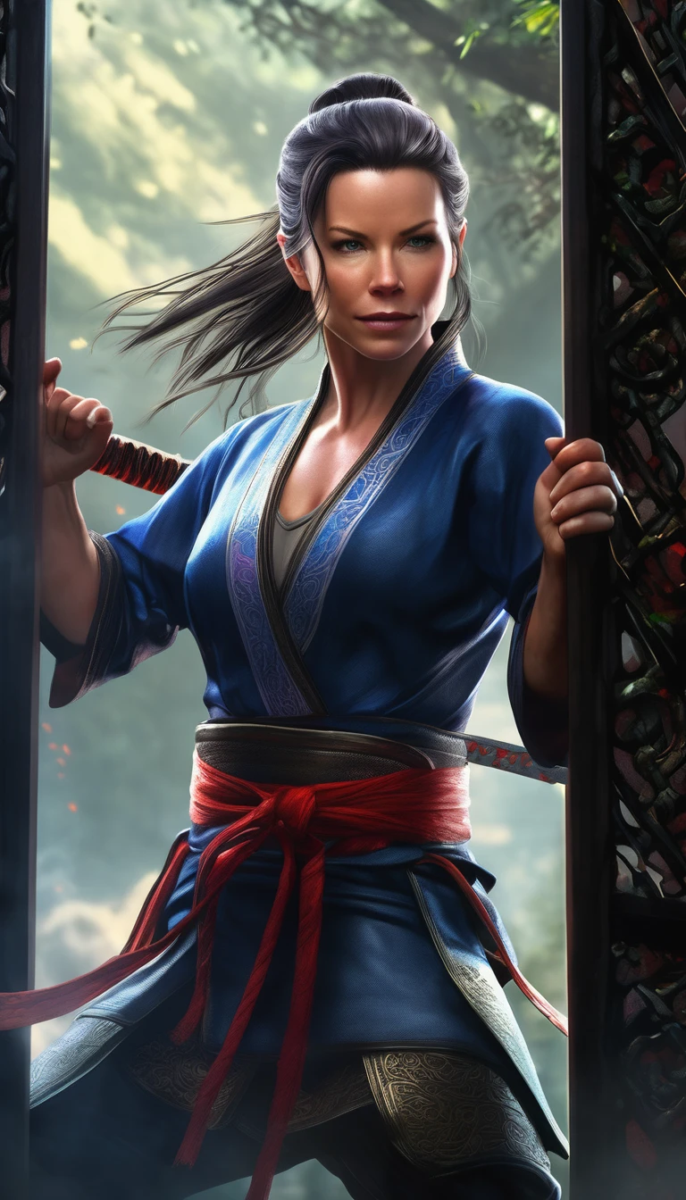 (Emily Ladd:Evangeline Lilly) Kunoichi emerges from the magical dark gate, Ultra-detailed, Trending on Art Station, Dagger in hand, (Perfect hands), Tie your hair up, Action pose, Anime Waifu Style, By David Benzal, Fitness Body, Dark Fantasy Background, High resolution,8K,