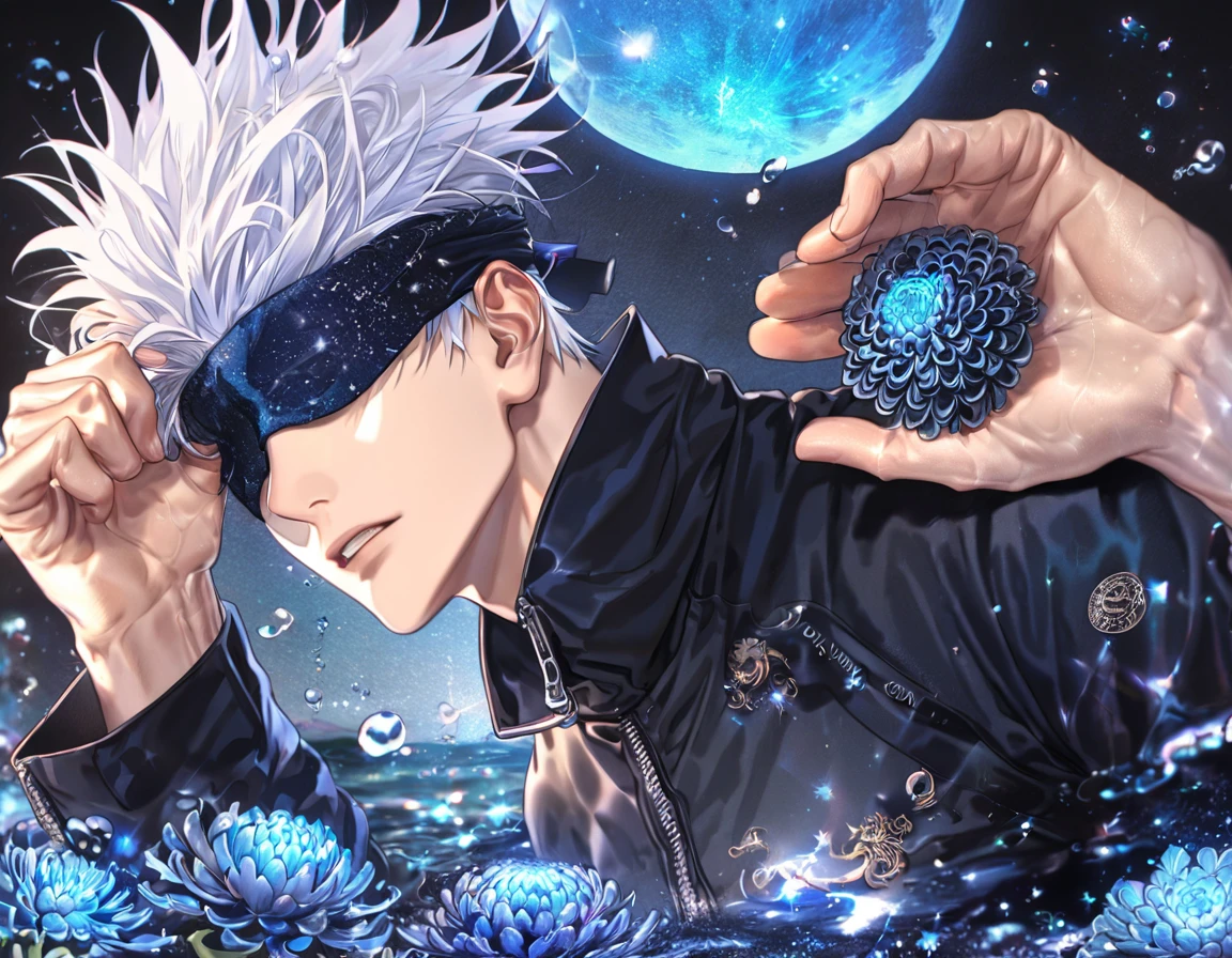 absurdres, highres, ultra detailed, HDR, master piece, best quality, extremely detailed, Gojou Satoru, white hair, blindfolded, Jujutsu Kaisen, solo, sexy man, handsome, zip-up black jacket, fantasy, water, sparkling, blue glittering fireflies, blue moon, blue blossoms, blue chrysanthemums, blue sparkling lights, starry sky