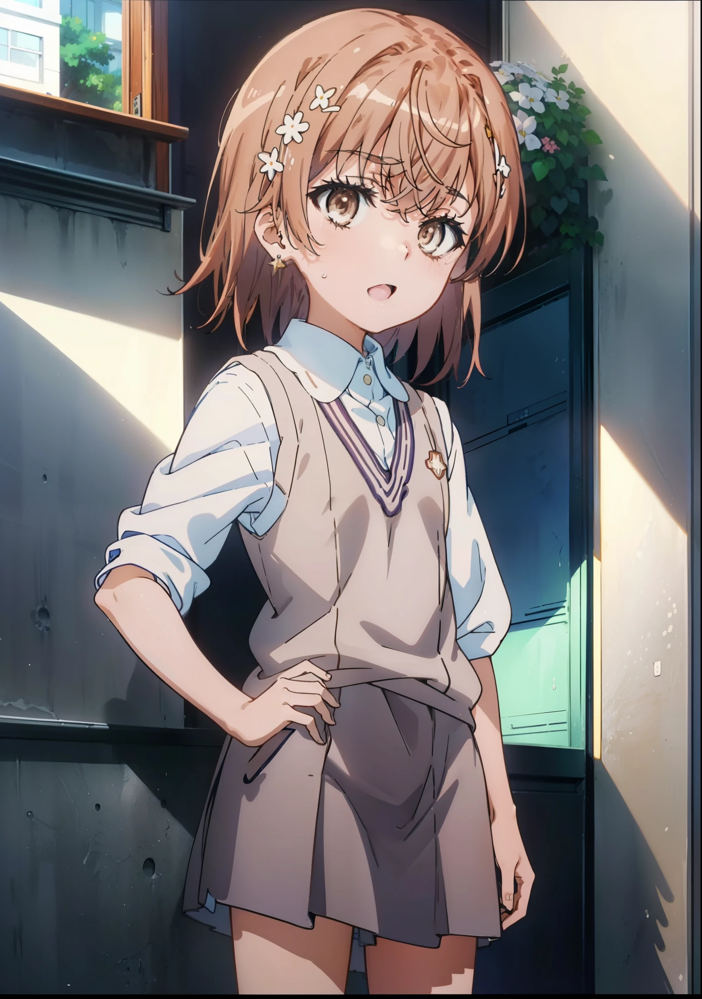 superior_Mikoto, 1 person, solo,
(Awareness-raising:1.1)、(Best image quality)、(masterpiece:1.1)、(Beautiful and vivid background:1.25)、(the Extremely detailed CG Unity 8K Wallpapers:1.1)、(colorful:0.9)、(Depth of written boundary:0.75)、(splashing ink:0.95)、(Splashes of color:0.85)、(Watercolor:0.65)、
(Cowboy Shot:1.4)、(uniform:1.4)、:d、Earrings、見superiorげる_in_Audience、outside of home、sunny day、detailed blue sky、((Grey hort sleeve white shirt)、Light brown sleeveless cardigan、Electric shock,loose socks,Brown loafers,So that the whole body goes into the illustration,