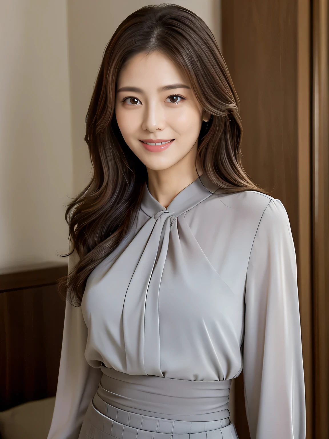 (Raw Photo), (Photorealsitic), (Masterpiece), (Best Quality), High Resolution, 8K, (Intricate Details), (Voluminous Light), Portrait, Female, 50 Years Old, Medium Hair, Straight Hair , layered hair, brown hair, very fine eyes, source order, very fine eyebrows, very fine skin, very fine mouth, very fine nose, cute like an idol, happy smile, (thick lips), (looking at the viewer), (elegant gray blouse and skirt), waist shot,
