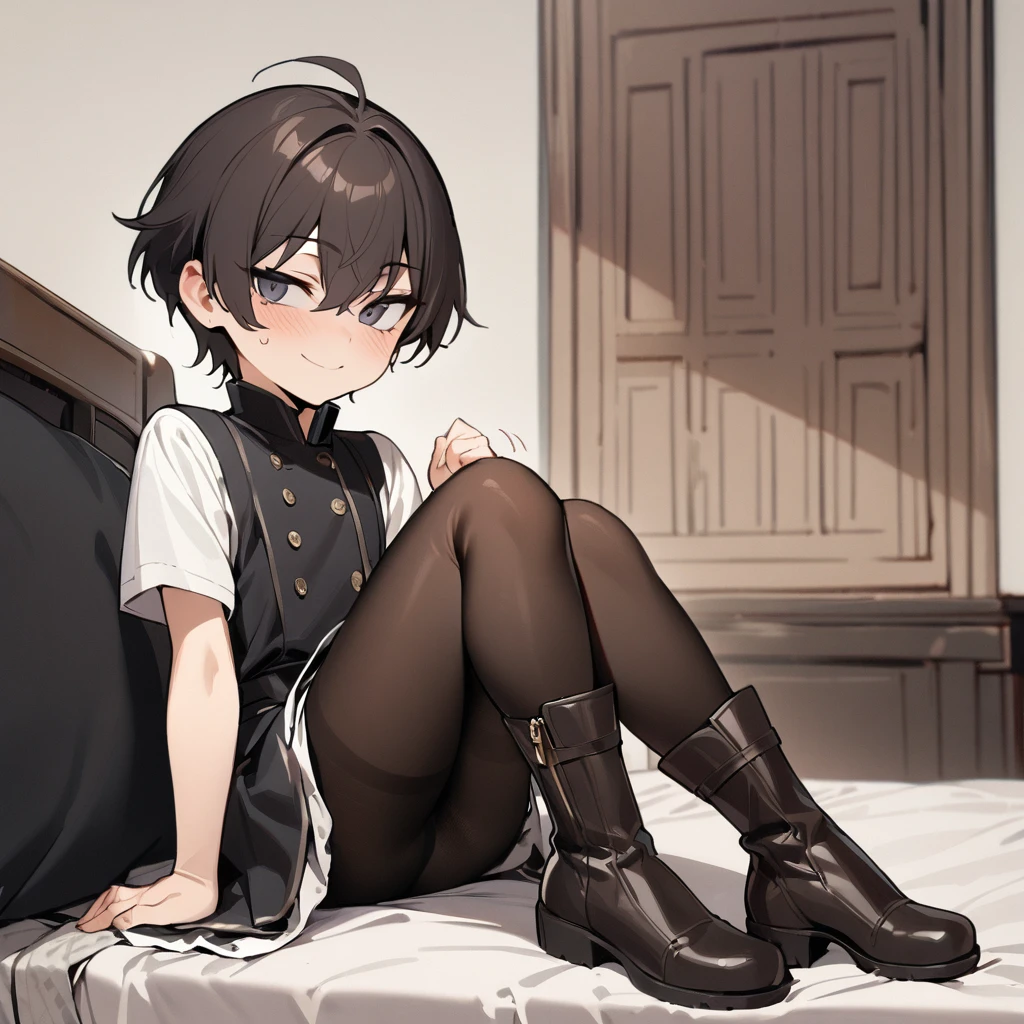 1boy, dark hair, short hair, shota, poker face, flat expression, no expression, pantyhose, dress, smile, boots, sitting, bed, masterpiece, best quality, highres, nice hands, perfect hands,