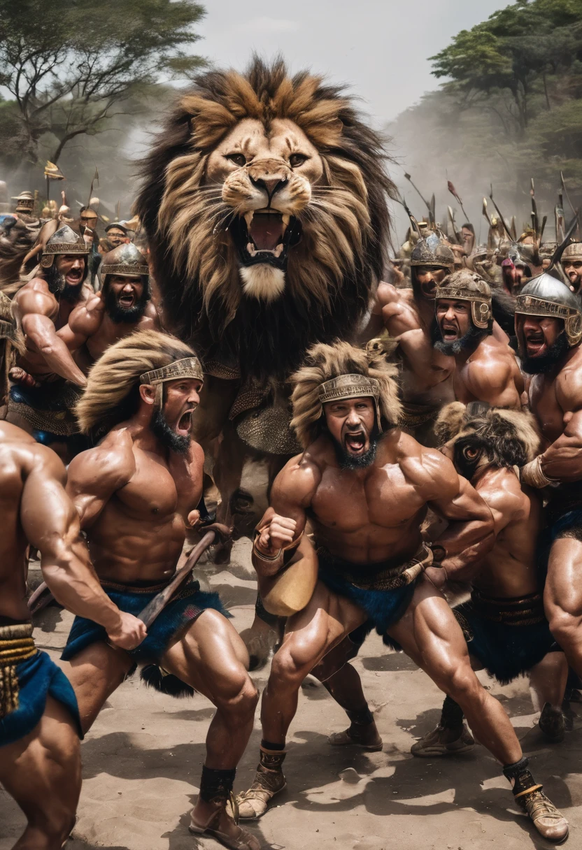 Video of muscular warriors with lion faces fighting