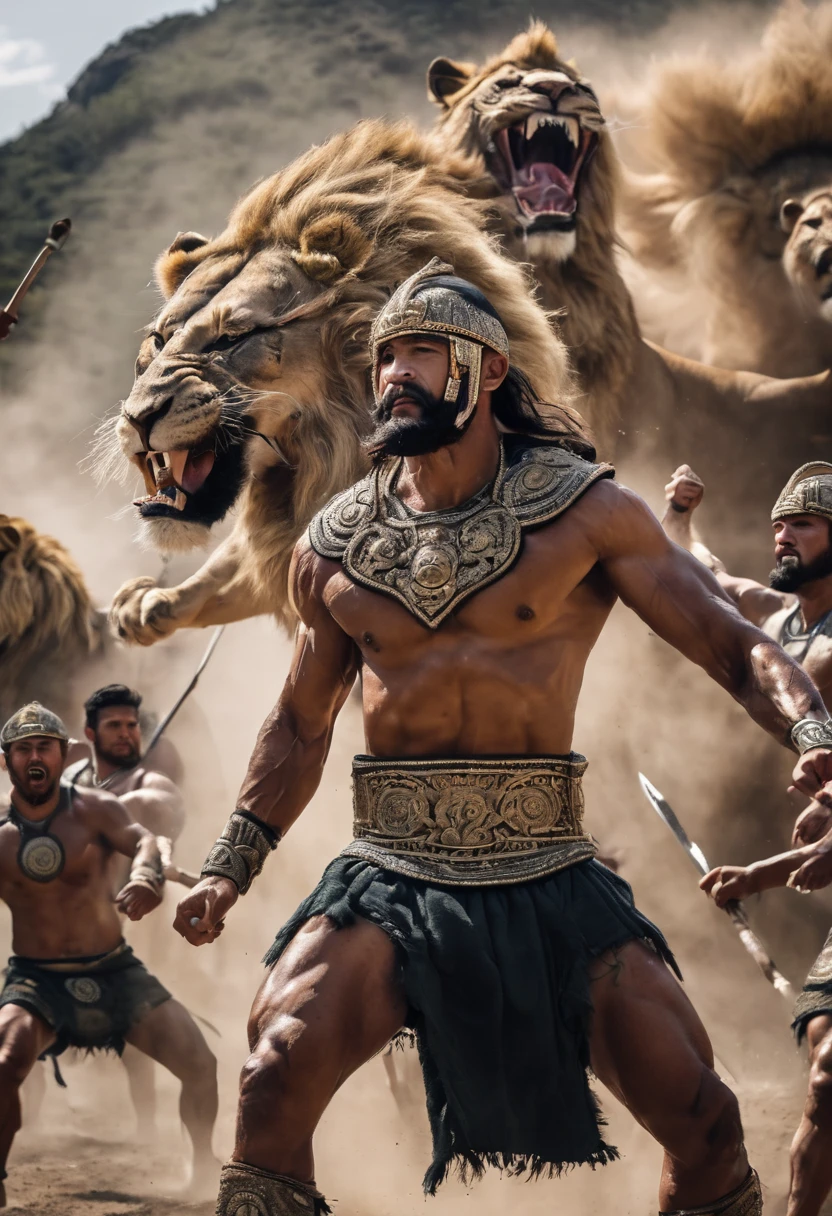 Video of muscular warriors with lion faces fighting