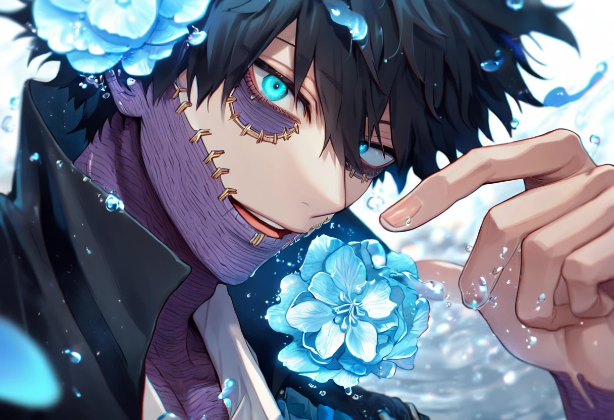 absurdres, highres, ultra detailed, HDR, master piece, Dabi, black hair, expressive turquoise eyes, Boku No Hero Academia, sexy man, solo, handsome, best quality, delicate features, blue moon, blue flowers, fantasy, magical, water, blue shining fireflies, blue petals, black coat with a high collar, white shirt, handsome smile, extremely detailed face, blue flames