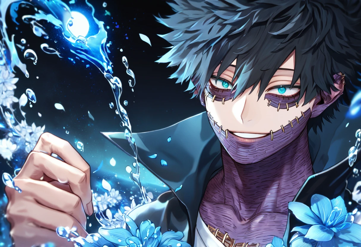 absurdres, highres, ultra detailed, HDR, master piece, Dabi, black hair, expressive turquoise eyes, Boku No Hero Academia, sexy man, solo, handsome, best quality, delicate features, blue moon, blue flowers, fantasy, magical, water, blue shining fireflies, blue petals, black coat with a high collar, white shirt, handsome smile, extremely detailed face, blue flames