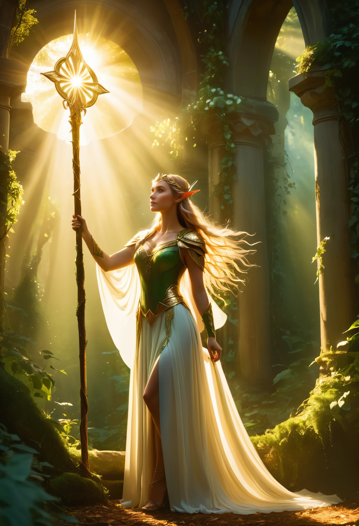 In a dappled, ancient forest ruin, an Elf Princess stands tall, her staff raised high as beams of warm sunlight filter through the trees, casting a golden halo around her regal figure. Her revealing, enchanted clothing shimmers in the soft light, while lush foliage and vines surround her, creating a lush environment. The camera captures a sharp focus on the princess's face, with the rule of thirds composition placing her at the intersection of two diagonals. Shot during the golden hour, the scene exudes an ethereal mood, inviting the viewer to step into this mystical realm., ,fantasy,better_hands,leonardo,angelawhite,Enhance