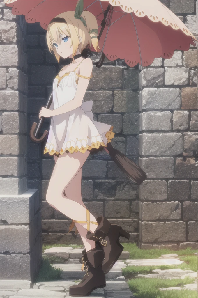 ((masterpiece)),((Highest quality)),Very detailed,Raising awareness,Explicit,beautiful body,beautiful Nose,beautiful character design,Perfect Eyes,Perfect Face,wallpaper,Ultra-high resolution,4K,photograph,(beautiful,Small breasts:1.2),(beautiful顔:1.2),beautiful足,Perfect Legs,Shiny skin,Official Style,Browsing Caution,Official Art,Create a screen capture,Anime Coloring,
One Girl,alone,umbrella,blonde,short hair,choker,Side Ponytail,ribbon,blue eyes,black choker,gloves,leg ribbon,片手gloves,hair band,whole body,hair ribbon,dress,View your viewers,tress ribbon,boots,Are standing,white dress,skirt,clavicle,Beach,Outdoor,Day,