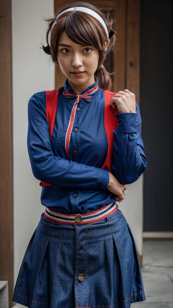 colettedef, sharp teeth, hair over one eye, hairband, blue shirt, long sleeves, red vest, pants,striped shirt, long sleeves, skirt, denim skirt, dsfutaba
