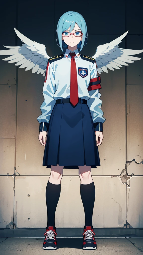 my hero academia screenshots, 16 year old teenage girl with very light blue hair, blue eyes, very pale skin, glasses, in the UA uniform, with red eagle wings on his back, serious expression looking to the side, shoulder length hair in bob cut, with volume