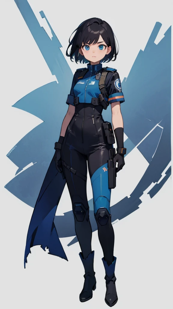 1,An android that resembles a human,Deep blue eyes,Short black hair,Dark blue uniform,Island symbol on chest,Armband on right arm,gloves,Many side pockets,Black leather boots,badge,White background,whole body,Character portrait