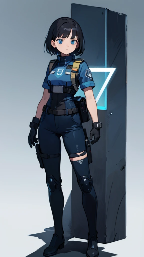 1,An android that resembles a human,Deep blue eyes,Short black hair,Dark blue uniform,Island symbol on chest,Armband on right arm,gloves,Many side pockets,Black leather boots,badge,White background,whole body,Character portrait