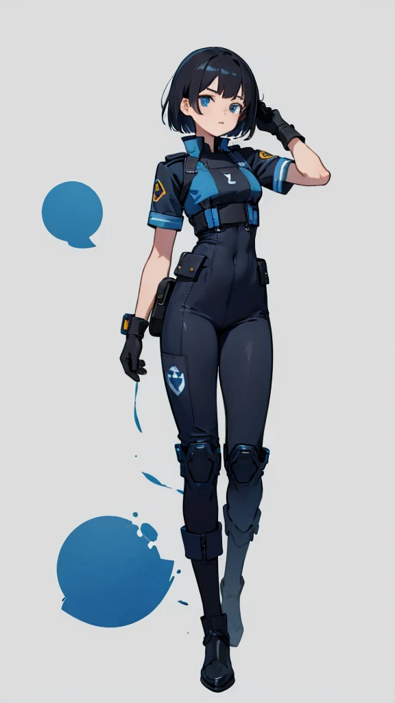 1,An android that resembles a human,Deep blue eyes,Short black hair,Dark blue uniform,Island symbol on chest,Armband on right arm,gloves,Many side pockets,Black leather boots,badge,White background,whole body,Character portrait