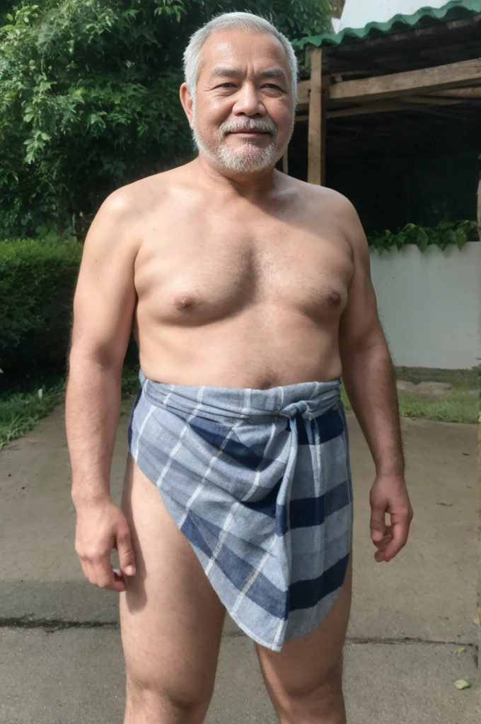 Old Asian man 70 years old, loincloth tied around his waist(Thai Loincloth(plaid cloth)), Old Thai man, construction worker, White hair, white mustache, very hairy, big meaty pecs, tank top, No pants, no underwear, dick clearly visible, Dick erect
