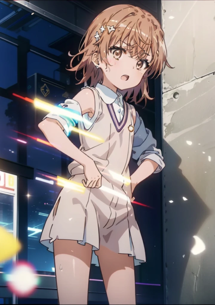 superior_Mikoto, 1 person, solo,
(Awareness-raising:1.1)、(Best image quality)、(masterpiece:1.1)、(Beautiful and vivid background:1.25)、(the Extremely detailed CG Unity 8K Wallpapers:1.1)、(colorful:0.9)、(Depth of written boundary:0.75)、(splashing ink:0.95)、(Splashes of color:0.85)、(Watercolor:0.65)、
(Cowboy Shot:1.4)、(uniform:1.4)、:d、Earrings、見superiorげる_in_Audience、outside of home、sunny day、detailed blue sky、((Grey hort sleeve white shirt)、Light brown sleeveless cardigan、Electric shock,loose socks,Brown loafers,So that the whole body goes into the illustration,