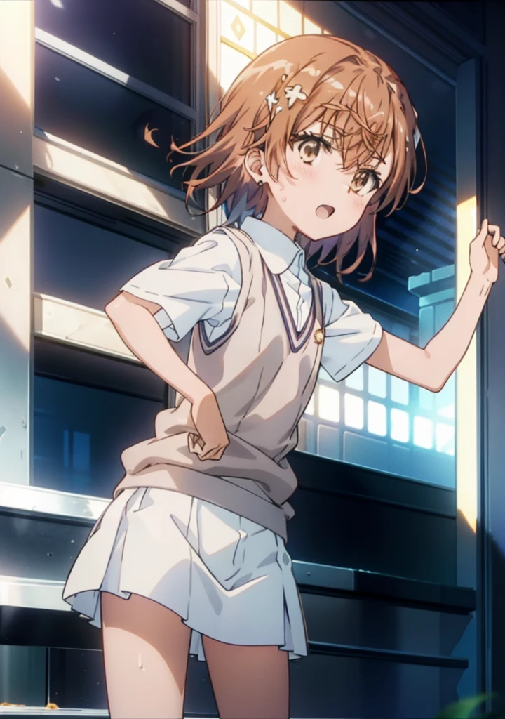 superior_Mikoto, 1 person, solo,
(Awareness-raising:1.1)、(Best image quality)、(masterpiece:1.1)、(Beautiful and vivid background:1.25)、(the Extremely detailed CG Unity 8K Wallpapers:1.1)、(colorful:0.9)、(Depth of written boundary:0.75)、(splashing ink:0.95)、(Splashes of color:0.85)、(Watercolor:0.65)、
(Cowboy Shot:1.4)、(uniform:1.4)、:d、Earrings、見superiorげる_in_Audience、outside of home、sunny day、detailed blue sky、((Grey hort sleeve white shirt)、Light brown sleeveless cardigan、Electric shock,loose socks,Brown loafers,So that the whole body goes into the illustration,