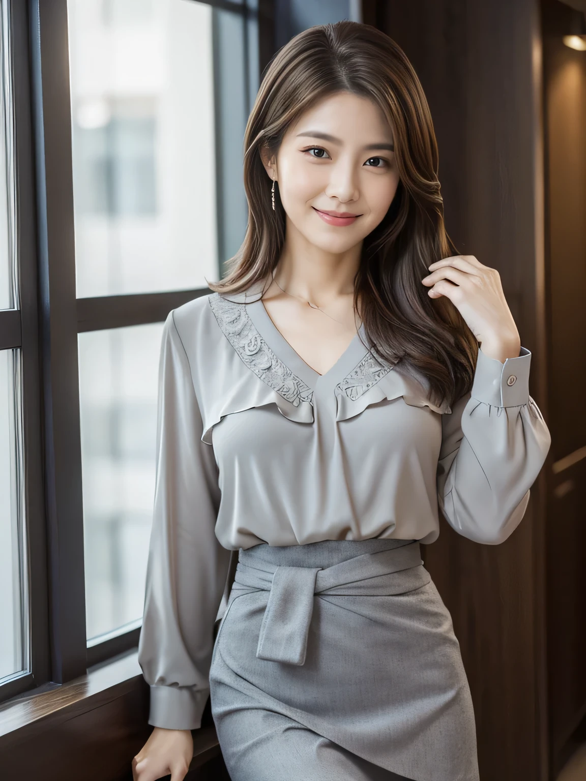 (Raw Photo), (Photorealsitic), (Masterpiece), (Best Quality), High Resolution, 8K, (Intricate Details), (Voluminous Light), Portrait, Female, 50 Years Old, Medium Hair, Straight Hair , layered hair, brown hair, very fine eyes, source order, very fine eyebrows, very fine skin, very fine mouth, very fine nose, cute like an idol, happy smile, (thick lips), (looking at the viewer), (elegant gray blouse and skirt), waist shot,