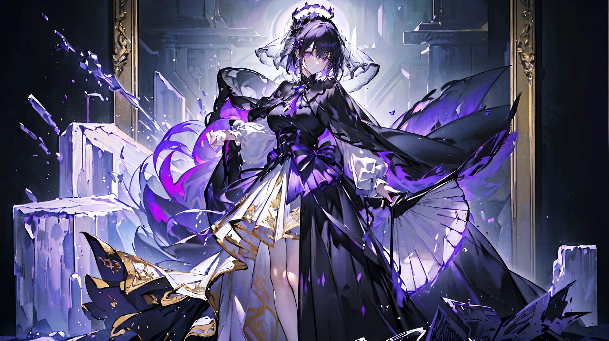 (Super detailed)),((illustration)),((masterpiece)),(((need))),((fine、Highest quality CG Unity 8K wallpapers,masterpiece),((4K,masterpiece,best quality)),Black hair queen,Waist-length hair,Royal sister,Sexy,Tall figure,Lilac eyes,Standing upright in a coffin,Mature,Hair Bunch,Hair tied on both sides,Black and gold gauze robe,Black and purple French vintage clothing,Gorgeous pure black cape,Black veil,Purple-white halo,Black and purple high heels,Wearing a crown on the head,Holding a knight's sword,pyramid,Emitting dim purple light,Brilliant palace,The deep sea is filled with coffins,Mysterious symbols,individual,Full body picture