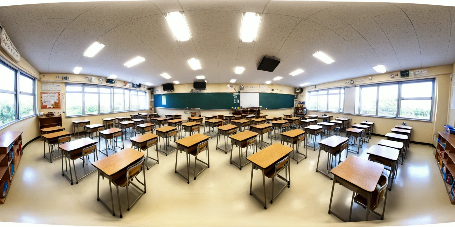 Equirectangular 360-degree panorama view photo with left and right ends seamlessly connected. midnight, classroom