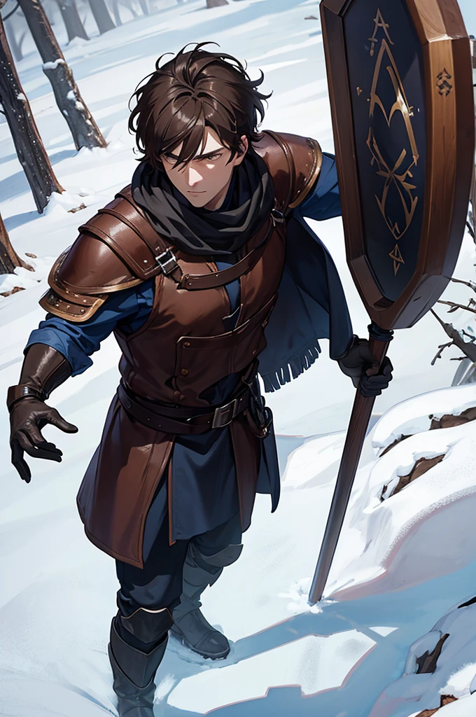 Religious adult man with brown hair, in dark blue medieval winter clothes with leather gloves and with a wooden shield on his arm