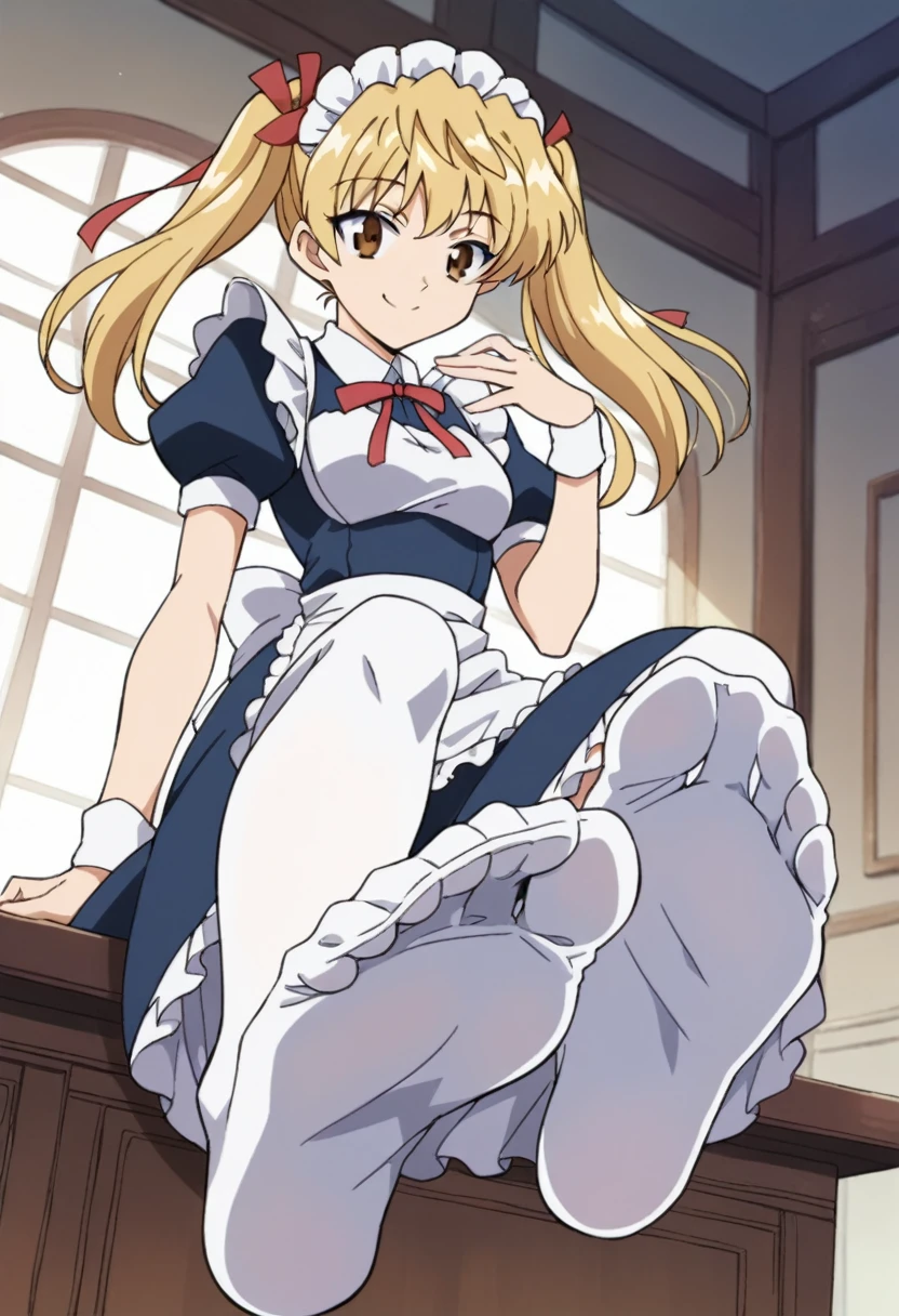  sawachika eri, twintail,sawachika eri, twintails, long hair, blonde hair, brown eyes, hair ribbon,smile, hair ribbon,, bob cut, smile, maid, blue dress, maid apron, maid headdress, red neck ribbon, puffy short sleeves, white wristband, white thighhighs, dutch angle, score_9, score_8_up, score_7_up, score_6_up, anime coloring,Seated pose, focus on soles of feet