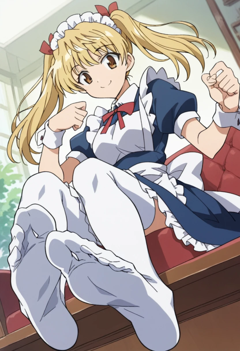  sawachika eri, twintail,sawachika eri, twintails, long hair, blonde hair, brown eyes, hair ribbon,smile, hair ribbon,, bob cut, smile, maid, blue dress, maid apron, maid headdress, red neck ribbon, puffy short sleeves, white wristband, white thighhighs, dutch angle, score_9, score_8_up, score_7_up, score_6_up, anime coloring,Seated pose, focus on soles of feet