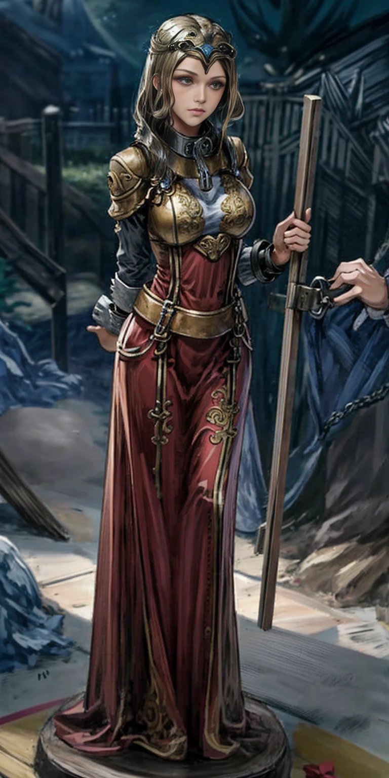 (Masterpiece, best quality, intricate details, 1sologirl) iron collar, arms behind back, iron cuffs, shackles, bound ((standing by wooden pole:1.2)) looking from above happy closed mouth ((Cassia Orsellio)) ((Colored Skin,Red Eyes,White Hair,gem, circlet, jewelry))